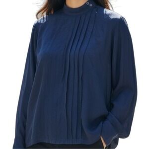 Christa 100% Silk Blouse Women 8 Navy Blue Excellent Pleated Professional Office